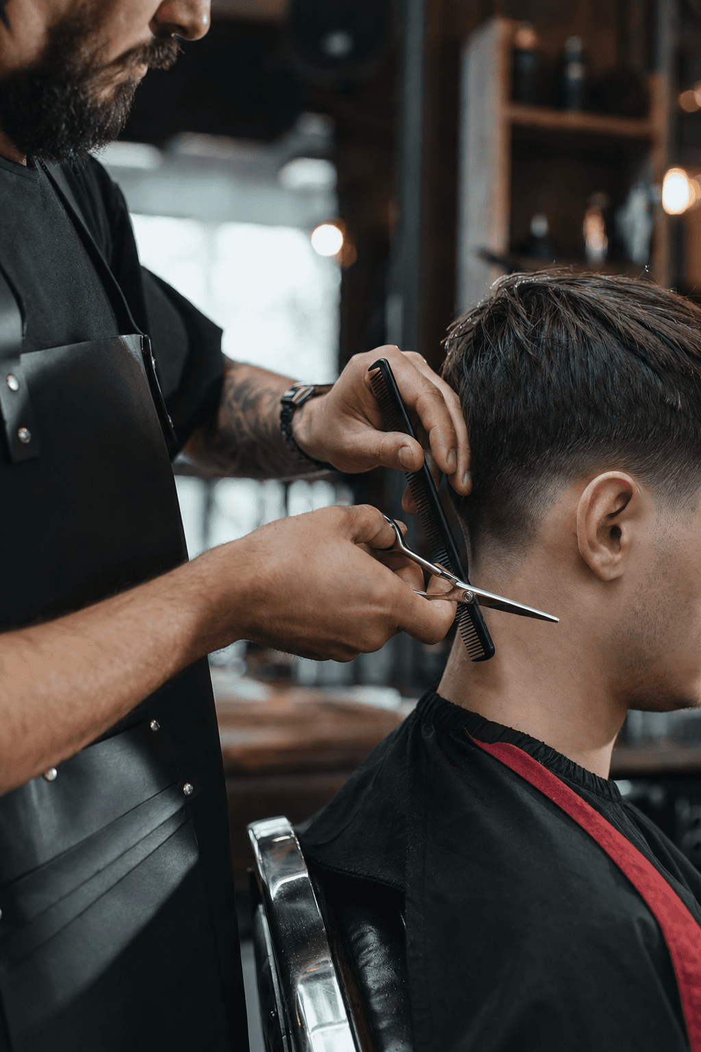 Barber trimming a client's hair with scissors and comb